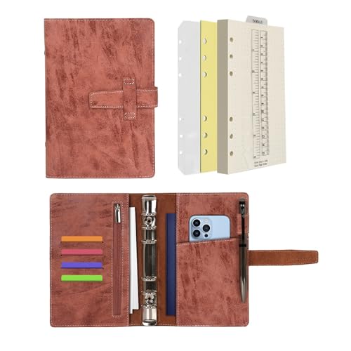 Wonderpool A6 Leder Ringbuch Tagebuch Notizbuch Organizer Ordner - Nachfüllbar Gepunktetes Papier und Multi Taschen für Business Studium Reisen (A6, Braun) von Wonderpool