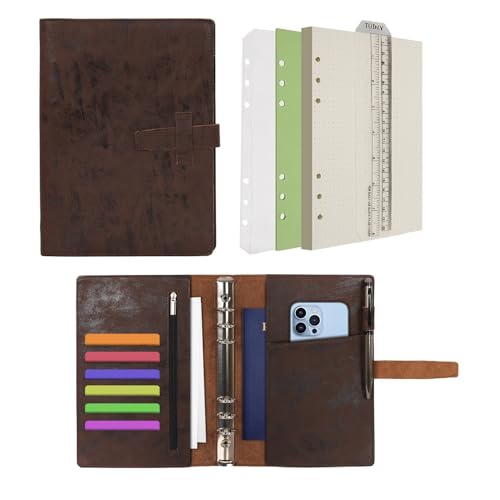 Wonderpool A5 Leder Ringbuch Tagebuch Notizbuch Organizer Ordner - Nachfüllbar Gepunktetes Papier und Multi Taschen für Business Studium Reisen (A5, Kaffee) von Wonderpool