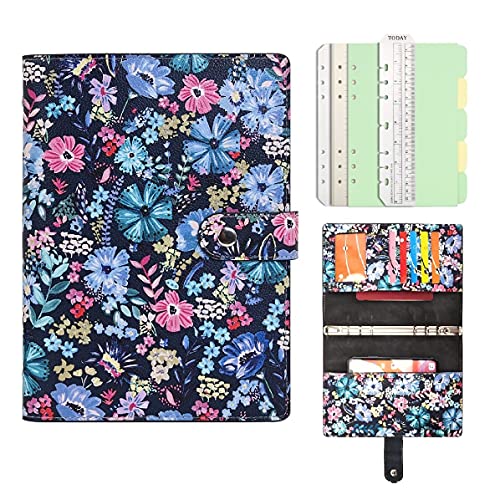 Wonderpool Spiral Leder Tagebuch Nachfüllbarer 6 Löcher Binder Notizbuch Loseblatt Muster Einband Ringbuch Portfolio mit Innentaschen-100g dickes Papier für Schule Arbeit Reisen (Blumen, A5) von Wonderpool