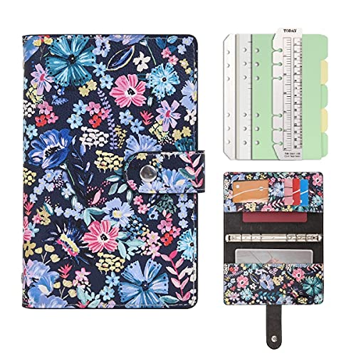 Wonderpool Spiral Leder Tagebuch Ringbuch Nachfüllbarer 6 Löcher Binder Notizbuch Loseblatt Muster Einband Portfolio mit Innentaschen-100g dickes Papier für Schule Arbeit Reisen (Blumen, A6) von Wonderpool