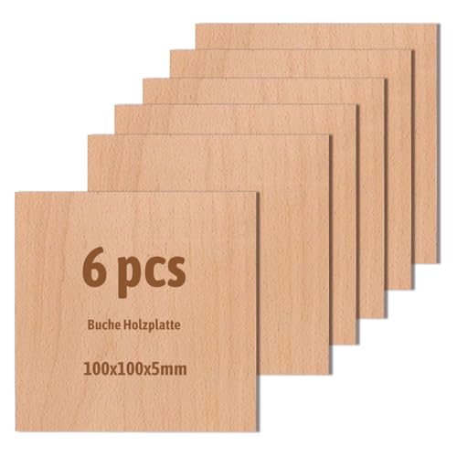 6 Stück Buche Holzplatte,Nicht-Sperrholzplatte,Unbehandeltes Bastelholz für Modellbau,Laserschneiden,Lasergravieren,Brandmalerei (100x100x5mm) von Wondramble