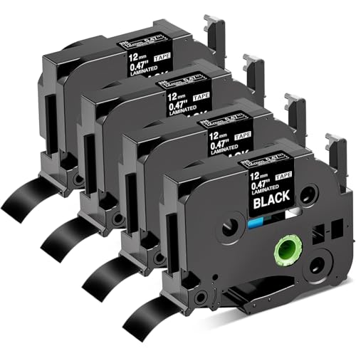 4x Wonfoucs Kompatibel mit Brother P-Touch Bänder 12mm TZe-335 | Laminierte Schriftbänder für PT-H110, H107B, H100LB, D410, P710BT, für P-Touch Cube, D210, P700 | Weiß auf Schwarz von Wonfoucs