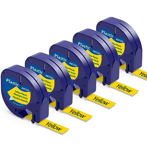 5 x Kunststoff Bänder Ersatz für Dymo LetraTag Etikettenband 12mm x 4m schwarz auf gelb kompatibel mit Dymo Letratag XR und LT-100H LT-100T LT-200B Beschriftungsgerät von Wonfoucs