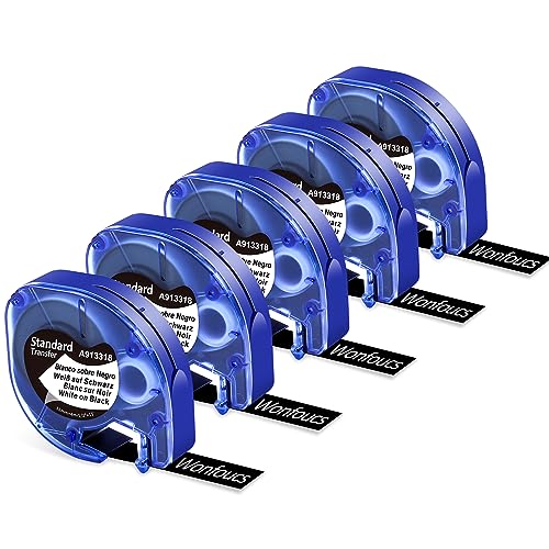 Wonfoucs Kompatible für Dymo LetraTag XR 12mm x 4m Kunststoff Etikettenband als Ersatz Bänder 913318 für Dymo Letratag XR LT-100H LT-110T LT-200B XM 2000 Etikettendrucker, Weiß auf Schwarz, 5-pack von Wonfoucs