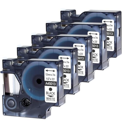 Wonfoucs kompatible mit Dymo D1 45013 12mm x 7m Schwarz auf Weiß Etikettenband als Ersatz für Dymo D1 12mm S0720530 45013S für Dymo LabelManager 160 210D 280 360D 420P Labelpoint 150, 5er Pack von Wonfoucs