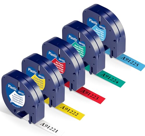 Wonfoucs kompatible für Dymo LetraTag Etikettenband 12mm x 4m als Ersatz für Dymo Etikettenband Bänder 91221-91225 für Schriftband Dymo LetraTag LT-100H LT-110T XR 2000, Weiß/Rot/Gelb/Blau/Grün von Wonfoucs