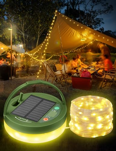 Camping Lichterkette Aufrollbar Solar, 10M 3000mAh Wasserdicht USB Wiederaufladbare LED Lichterkette mit 13 Beleuchtungsmodi, Tragbare Vielseitige Campinglampe Lichterkette Außen für Camping Garten von Wonkelly
