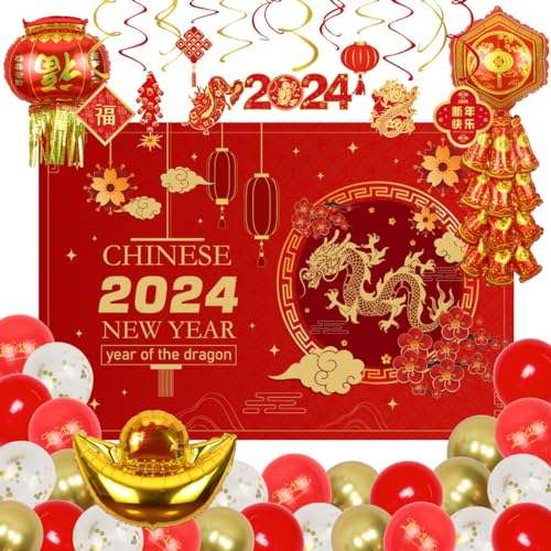 Chinesische Neujahrsdekoration 2024, Jahr des Kaninchens, 2024 Dekorationen, chinesisches Neujahr, Hintergrund, Ballon, hängender Wirbel für chinesische Mondneujahrsparty, frohes neues Jahr von Wonmelody