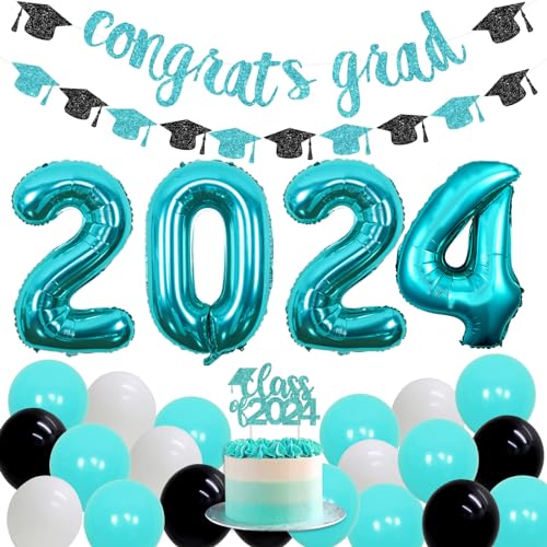 Dekorationen für den Abschluss 2024, blaugrün, Glückwunsch, Absolventendekorationen, High School, Universität, College, Abschlussparty, Zubehör, schwarze Luftballons für die Klasse 2024 von Wonmelody