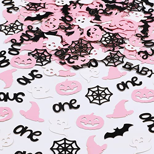 Halloween 1. Geburtstag Party Konfetti für Mädchen – Rosa Schwarz Halloween Tischdekoration Streukonfetti Spinnennetze Kürbis Fledermaus Hexenhut Geist Konfetti für Halloween Thema 1. Tag Party Zubehör 200 Stück von Wonmelody