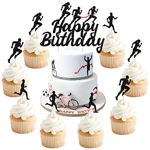 Marathon Happy Birthday Cake Topper, Geburtstagsdekorationen im Cross Country-Laufstil mit schwarzen Läufern, Cupcake-Topper für Männer von Wonmelody