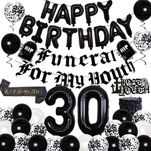 Schwarz 30. Geburtstag Dekorationen für Frauen mit Beerdigung für meine Jugend Banner, Happy Birthday Ballon, Rip to My 20s Schärpe, 30 Folienballons von Wonmelody