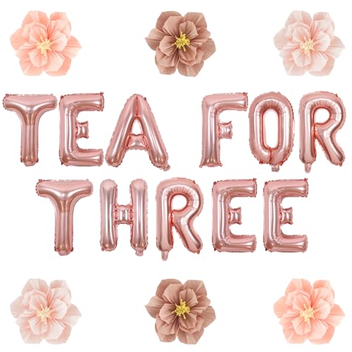 Wonmelody „Tee für drei“-Partydekorationen „Tee für drei“-Ballonbanner, rosa Kunstpapierblume, dritter Geburtstag, Teeparty-Dekorationen, Roségoldener Ballon, Teezeit-Wanddekoration für Mädchen, von Wonmelody