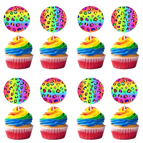 Wonmelody 36 Stück Regenbogen-Geparden-Kuchendekoration, Leopardenmuster, Kuchendekoration, Regenbogen-Leopard, Geburtstagsdekoration, Dschungeltiere, Safari, Cupcake-Topper für wilde Safari, Wald von Wonmelody