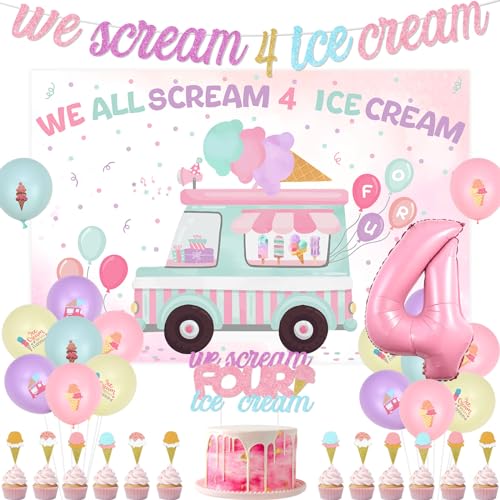 Wonmelody 4. Eiscreme-Geburtstagsparty-Dekoration, We All Scream 4 Ice Cream-Geburtstagsparty-Dekoration mit We All Scream 4 Ice Cream-Hintergrund, Banner, Kuchenaufsatz, süße Sommer-Eiscreme- von Wonmelody