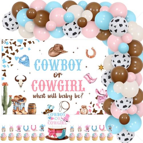 Wonmelody Cowboy oder Cowgirl Geschlecht offenbaren Dekorationen Cowboy oder Cowgirl What Will Baby Be Hintergrund Banner Kuchen Topper Western Wild Geschlecht Enthüllung Ballon Bogen Supplies für von Wonmelody