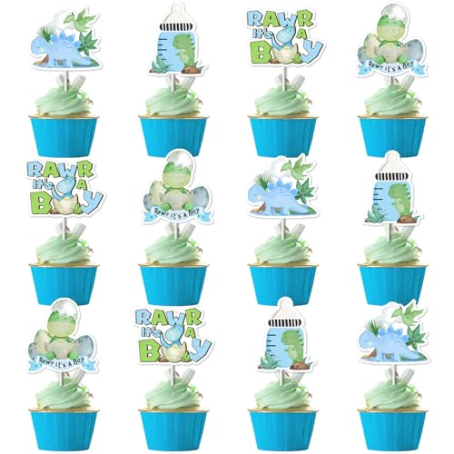 Wonmelody Cupcake-Topper für Jungen, Dinosaurier-Babyparty, 24 Stück, Rawr its A Boy, Dinosaurier-Babyparty, Party-Dekoration für Dinosaurier-Party, Rawr-Thema, Babyparty von Wonmelody