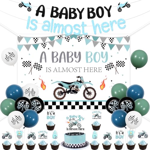 Wonmelody Dirt Bike Babyparty-Dekoration, "A Baby Boy is Almost Here", Banner, blau, It's a Boy, Motocross-Kuchenaufsätze mit schwarzen blaugrünen Luftballons, für Motocross-Thema Wonmelody Dirt Bike Babyparty-Dekoration, "A Baby Boy is Almost Here", Banner, blau, It's a Boy, Motocross-Kuchenaufsätze mit schwarzen blaugrünen Luftballons, für Motocross-Thema von Wonmelody