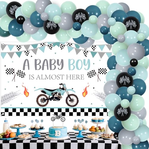 Wonmelody Dirt Bike Babyparty-Dekoration, blau, Motorrad, Babyparty, "A Baby Boy is Almost Here", Motocross, Motorrad-Rennballon-Girlande, Bogen-Set für Motorrad, Dirtbike, Neugeborenenen-Party Wonmelody Dirt Bike Babyparty-Dekoration, blau, Motorrad, Babyparty, "A Baby Boy is Almost Here", Motocross, Motorrad-Rennballon-Girlande, Bogen-Set für Motorrad, Dirtbike, Neugeborenenen-Party von Wonmelody