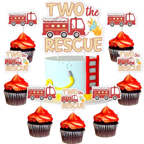 Wonmelody Feuerwehrauto 2. Geburtstag Dekor 25 Stück Two The Rescue Cake Topper Feuerwehrmann Feuerwehrmann Cupcake Topper Notfallfahrzeug Geburtstag Set Transport Geburtstag Zubehör Junge von Wonmelody