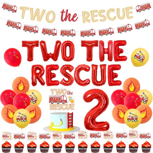 Wonmelody Feuerwehrauto 2. Geburtstag Dekorationen Two The Rescue Geburtstag Dekor Ballon Banner Feuerwehrauto Kuchen Topper Notfahrzeug Transport Bday Supplies für Jungen Zweiter Geburtstag von Wonmelody