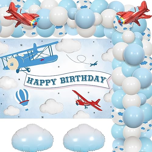 Wonmelody Flugzeug-Geburtstagsparty-Dekorationen, blaue Ballongirlande, Flugzeug-Alles Gute zum Geburtstag-Hintergrund, Flugzeug-Wolke-Folienballons für die Zeit vergeht, Geburtstagsparty-Dekorationen von Wonmelody