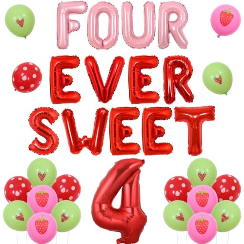 Wonmelody Four Ever Sweet Strawberry Geburtstagsdekorationen Mädchen Four Ever Sweet Strawberry Geburtstag Ballon Banner Rosa Polka Dot Ballon Erdbeere 4. Geburtstag Dekor Beere Obst Geburtstag von Wonmelody