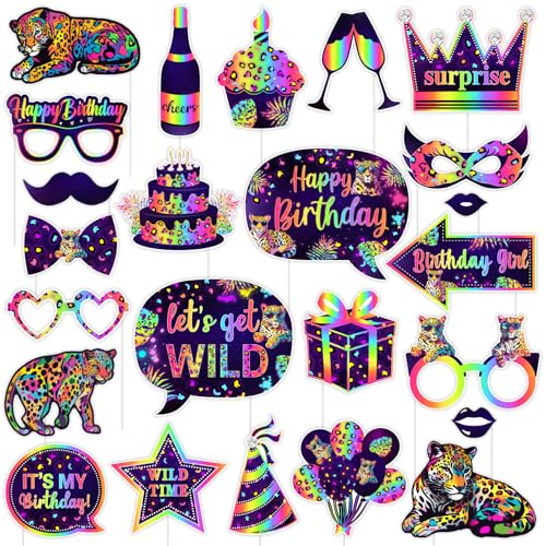 Wonmelody Geparden-Geburtstagsparty-Dekorationen, 24 Stück, Regenbogen-Geparden-Dschungel-Safari-Fotokabinen-Requisiten, Geparden-Geburtstag, Neon-Regenbogen-Leoparden-Geburtstagsdekoration für von Wonmelody