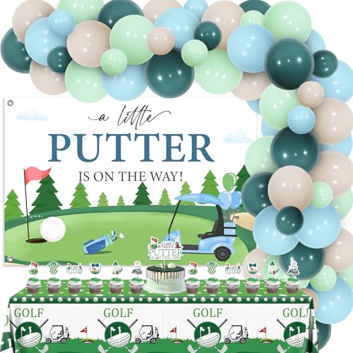Wonmelody Golf-Dekoration für Babypartys, "A Little Putter is On the Way", Banner, Ballwagen-Girlanden, Golf-Partee, Cupcake-Topper, Tischdecke, Sportballonbogen-Set, Geschlechtsoffenbarungszubehör von Wonmelody