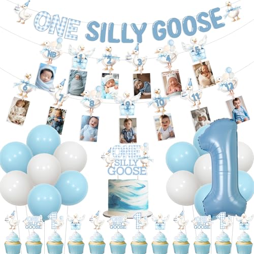 Wonmelody Goose First Birthday Decorations for Boy One Silly Goose Banner Garlands Goose Cupcake Toppers Blue Monthly Photo Banner Farm Animal First Birthday Supplies for Funny Goose 1st Bash Wonmelody Goose First Birthday Decorations for Boy One Silly Goose Banner Garlands Goose Cupcake Toppers Blue Monthly Photo Banner Farm Animal First Birthday Supplies for Funny Goose 1st Bash von Wonmelody
