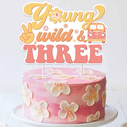 Wonmelody Groovy Tortenaufsatz zum 3. Geburtstag, Motiv: Junge Wild- und Drei-Kuchenaufsatz, grooviger Retro-Hippie-Tortenaufsatz für 60er- und 70er-Jahre, Dessert, Tisch-Kuchendekoration, von Wonmelody