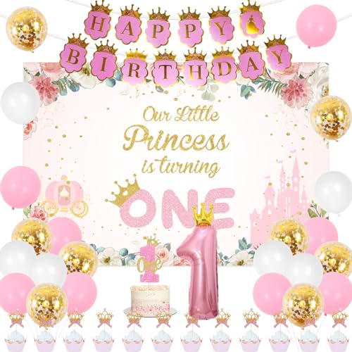 Wonmelody Kleine Prinzessin 1. Geburtstagsdekoration für Mädchen mit „Happy Birthday“-Banner „Unsere kleine Prinzessin wird eins“-Hintergrund, glitzernde Prinzessinnen-Cupcake-Topper, Krone, von Wonmelody