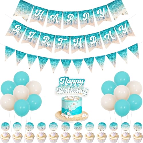 Wonmelody Ocean Waves Geburtstagsdekoration, Ozean-Strand, Happy Birthday, Banner für Sommer, Strand, Happy Birthday, Kuchendekoration, blaues Dreieck, Wimpel-Banner, Strand-Surf-Party, Zubehör für Wonmelody Ocean Waves Geburtstagsdekoration, Ozean-Strand, Happy Birthday, Banner für Sommer, Strand, Happy Birthday, Kuchendekoration, blaues Dreieck, Wimpel-Banner, Strand-Surf-Party, Zubehör für von Wonmelody