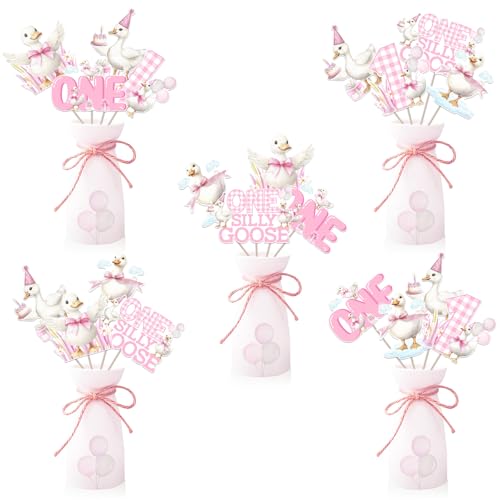 Wonmelody One Silly Goose Birthday Decor Girl 24Pcs Goose Centerpiece Stickers Pink Geese Table Decor Gingham Farm Animal First Bday Supplies for Funny Gänse Party von Wonmelody