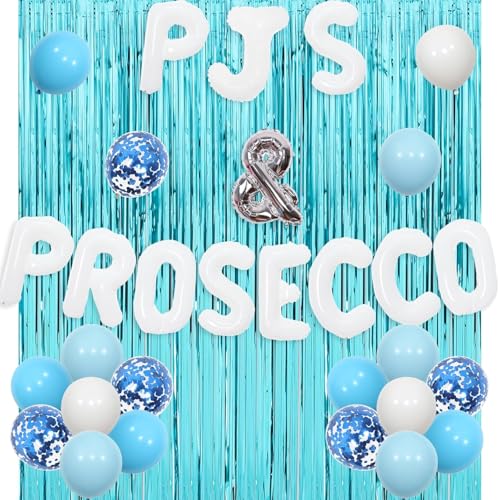 Wonmelody PJs and Prosecco Banner Decor Bachelorette Party Decor Blue Prosecco Banner Bridal Shower Decoration with Diamond Ring Balloon for Slumber Pajama Party Girl Night Out von Wonmelody