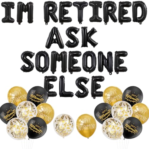 Wonmelody Partydekoration für den Ruhestand, Schwarz/Gold, "Happy Retirement", Banner "I'm Retired Ask Someone Else", Ballon-Banner, Ruhestandsdekoration, lustiges Ruhestandszubehör für Abschied von Wonmelody
