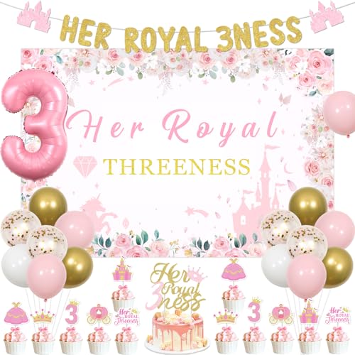 Wonmelody Prinzessin 3. Geburtstag Party Dekorationen Her Royal Threeness Hintergrund Banner Rosa Gold Kuchen Topper Zahl 3 Ballon Her Royal Threeness Geburtstag Dekorationen für 3. Krone Prinzessin von Wonmelody