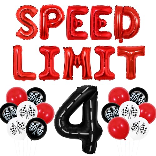 Wonmelody Race Cars 4. Geburtstag Dekoration Speed Limit 4 Geburtstag Dekor Ballon Banner Karierte Flagge Räder Luftballons Rennstrecke Schwarz Nummer 4 Ballon benötigt vier Geschwindigkeiten Dekor von Wonmelody