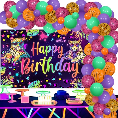 Wonmelody Regenbogen Leopard Geburtstag Dekorationen für Jungen Mädchen Gepard Happy Birthday Hintergrund Banner Neon Regenbogen Gepard Druck Ballon Bogen Kit Dschungel Safari Tier Thema Party von Wonmelody