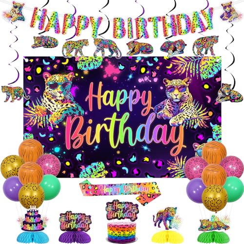 Wonmelody Regenbogen Leopard Geburtstag Party Dekorationen Gepard Happy Birthday Hintergrund Banner Kuchen Topper Neon Leopard Tischdekoration Hängende Wirbel Neon Druck Schärpe Dschungel Tier Wild von Wonmelody