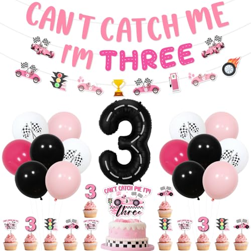 Wonmelody Rennwagen 3. Geburtstag Party Dekor Can't Catch Me I'm Three Banner Cake Toppers Race Car Girlanden Schwarz Weiß Karierte Luftballons Fast 3 Thema Dekor Rosa Rennwagen Zubehör für 3. Mädchen von Wonmelody