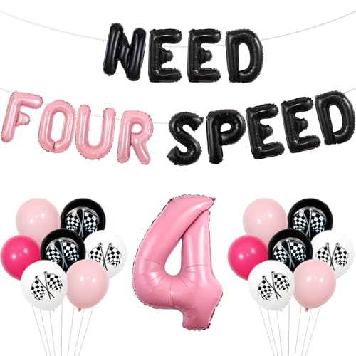 Wonmelody Rennwagen 4. Geburtstag Party Dekorationen Mädchen brauchen vier Geschwindigkeitsballons Banner brauchen vier Geschwindigkeiten Geburtstag Dekorationen 4 Jahre alt Mädchen Geburtstag von Wonmelody