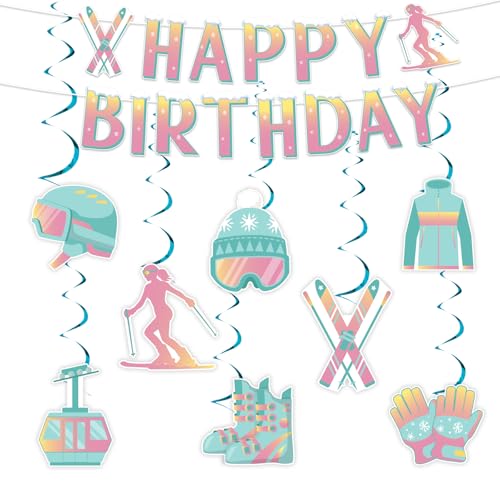 Wonmelody Skifahren Geburtstag Party Dekor Winter Ski Happy Birthday Banner Girlanden Blaugrün Winter Sport Hängende Wirbel Decke Streamer Sport Skifahrer Geburtstag Zubehör für Snowboard 1. 20. Party von Wonmelody