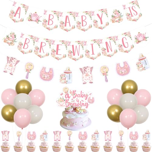 Wonmelody Teeparty-Dekoration für Babypartys, Dekoration für Mädchen, ein Baby brüht, Banner Tee-Thema, rosa Blumen-Banner, Dekorationen, Tee-Girlande, Tee-Kuchendekoration, Ballon, Teeparty, Brauen von Wonmelody