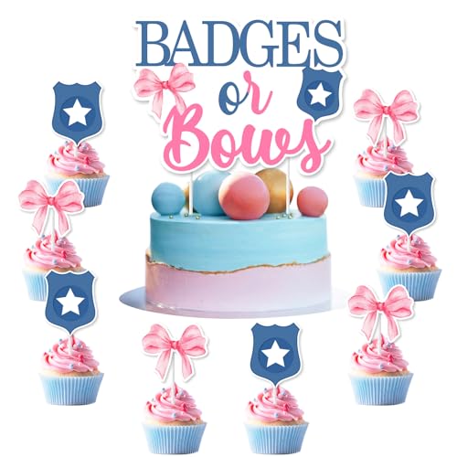 Wonmelody Tortenaufsatz mit blauen Abzeichen und rosa Schleife, für Sie oder Ihn, rosa und blau, Junge oder Mädchen, was wird Baby sein Geschlecht offenbaren, Babyparty von Wonmelody