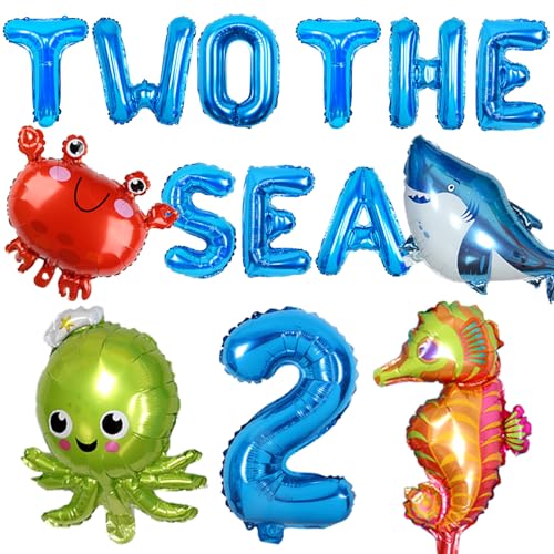 Wonmelody Two the Sea Geburtstagsdekorationen Boy Two the Sea Banner-Ballon mit Krabbenhai, Seepferdchen, Oktopus, Meeres-U-Boot-Tier, Folienballon, Ozean-Themenparty-Dekoration für die 2. von Wonmelody
