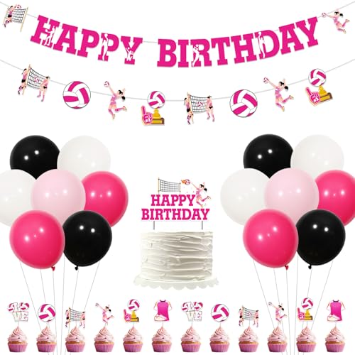 Wonmelody Volleyball Geburtstag Party Dekor Mädchen Volleyball Happy Birthday Banner Girlanden Volleyball Kuchen Topper Rosa I Love Volleyball Sport Tischdekor für Volleyball Feier Babyparty von Wonmelody