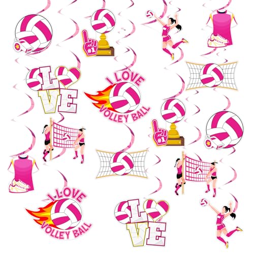 Wonmelody Volleyball-Geburtstagsparty-Dekoration, Mädchen, 24 Stück, Volleyball-Hängewirbel, rosa, Sport-Dekoration, "I Love Volleyball-Sportausschnitte, Partygeschenk für Ballspiele, Liebhaber von Wonmelody