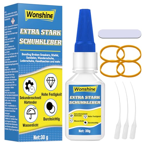 Schuhkleber Extra Stark Wasserfest 30 g, Schuhsohlenkleber mit Anti-Trocknungsspitze, Schuh Kleber für Gummisohlen, Stiefel, Turnschuhe, Sandalen, Leder, Handtaschen und mehr Schuhkleber Extra Stark Wasserfest 30 g, Schuhsohlenkleber mit Anti-Trocknungsspitze, Schuh Kleber für Gummisohlen, Stiefel, Turnschuhe, Sandalen, Leder, Handtaschen und mehr von Wonshine