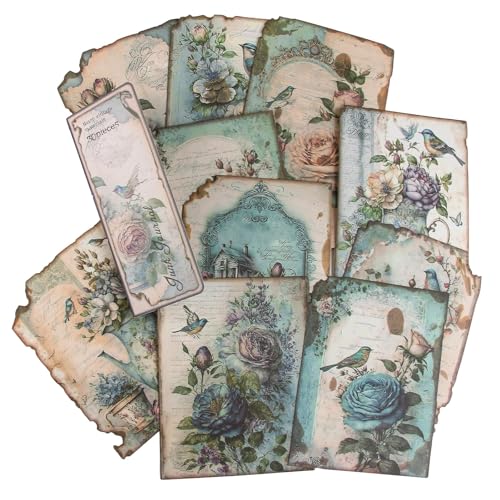 30 Stück Vintage Aesthetic Sticker für Scrapbooking, Material Dekoratives Papier, für Album, Tagebuch, Bullet Journal DIY (10 Arten von Bildern, 3 von jede) Thema Blumen und Vögel, Cyan von Wonvify